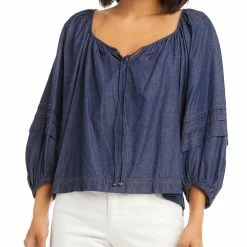 Karen Kane Womens Contrast Stitch Denim Peasant Top