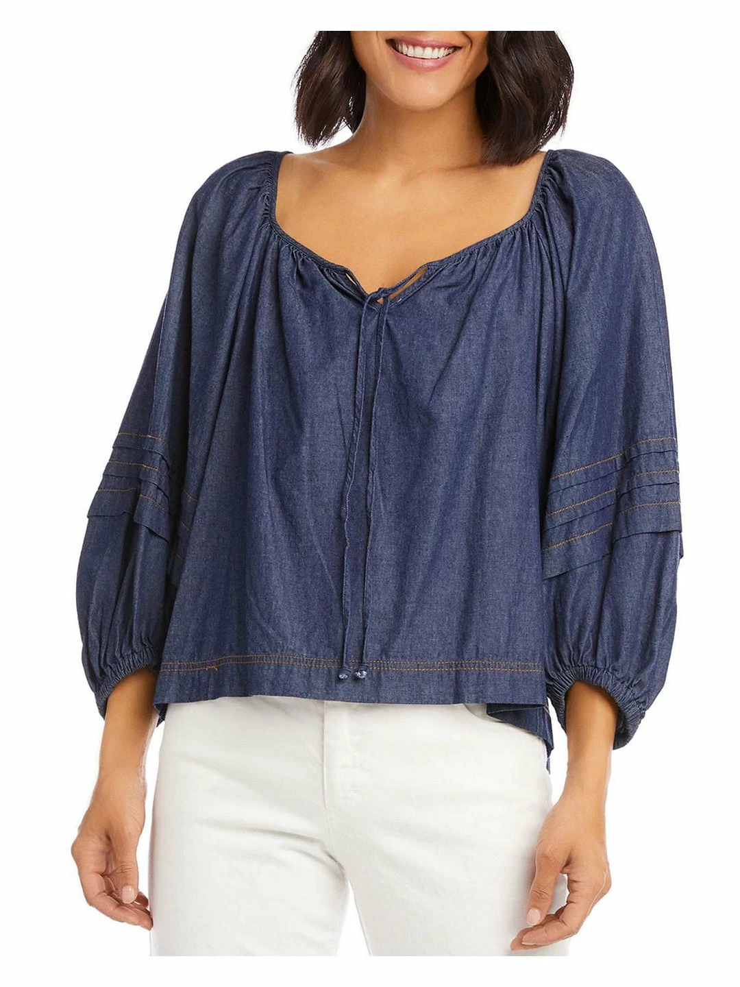 Karen Kane Womens Contrast Stitch Denim Peasant Top 3 Karen Kane Womens Contrast Stitch Denim Peasant Top