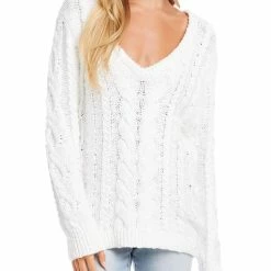 Karen Kane Womens Cable Knt V-Neck Pullover Sweater