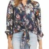 Karen Kane Womens Floral Tie Front Button-Down Top