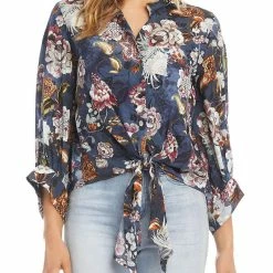 Karen Kane Womens Floral Tie Front Button-Down Top