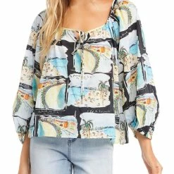 Karen Kane On Holiday Womens Printed Puff Sleeves Peasant Top