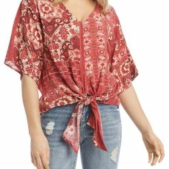 Karen Kane Amalfi Coast Womens Printed Tie Front Pullover Top